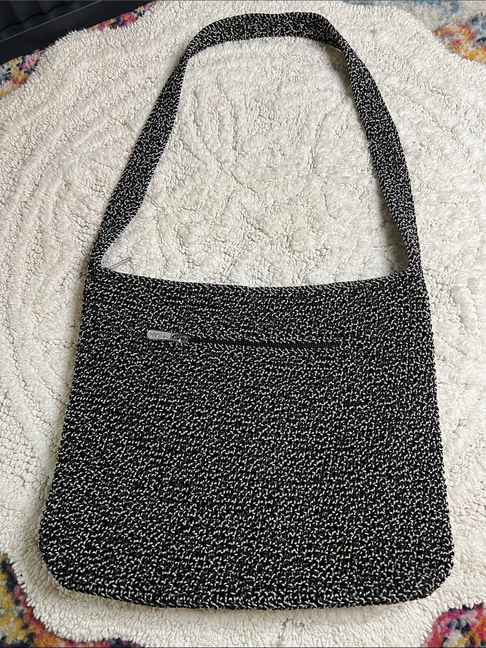 Vintage The Sak Black & White Speckled Crochet Boho Slouchy Shoulder Bag Y2K